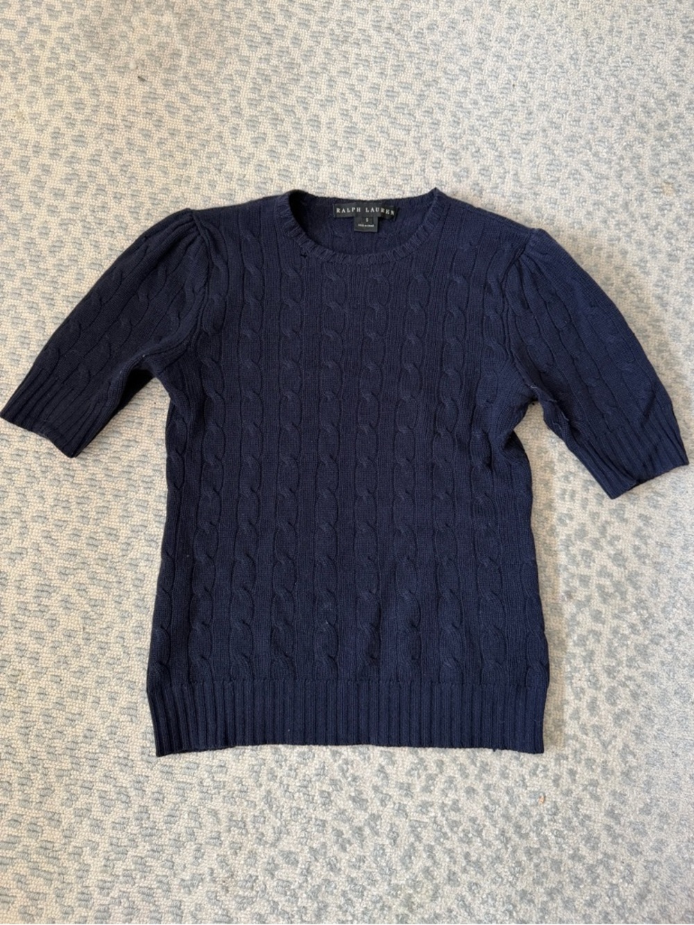 Ralph Lauren cashmere Navy Cable-Knit Short Sleeve Pullover sweater.